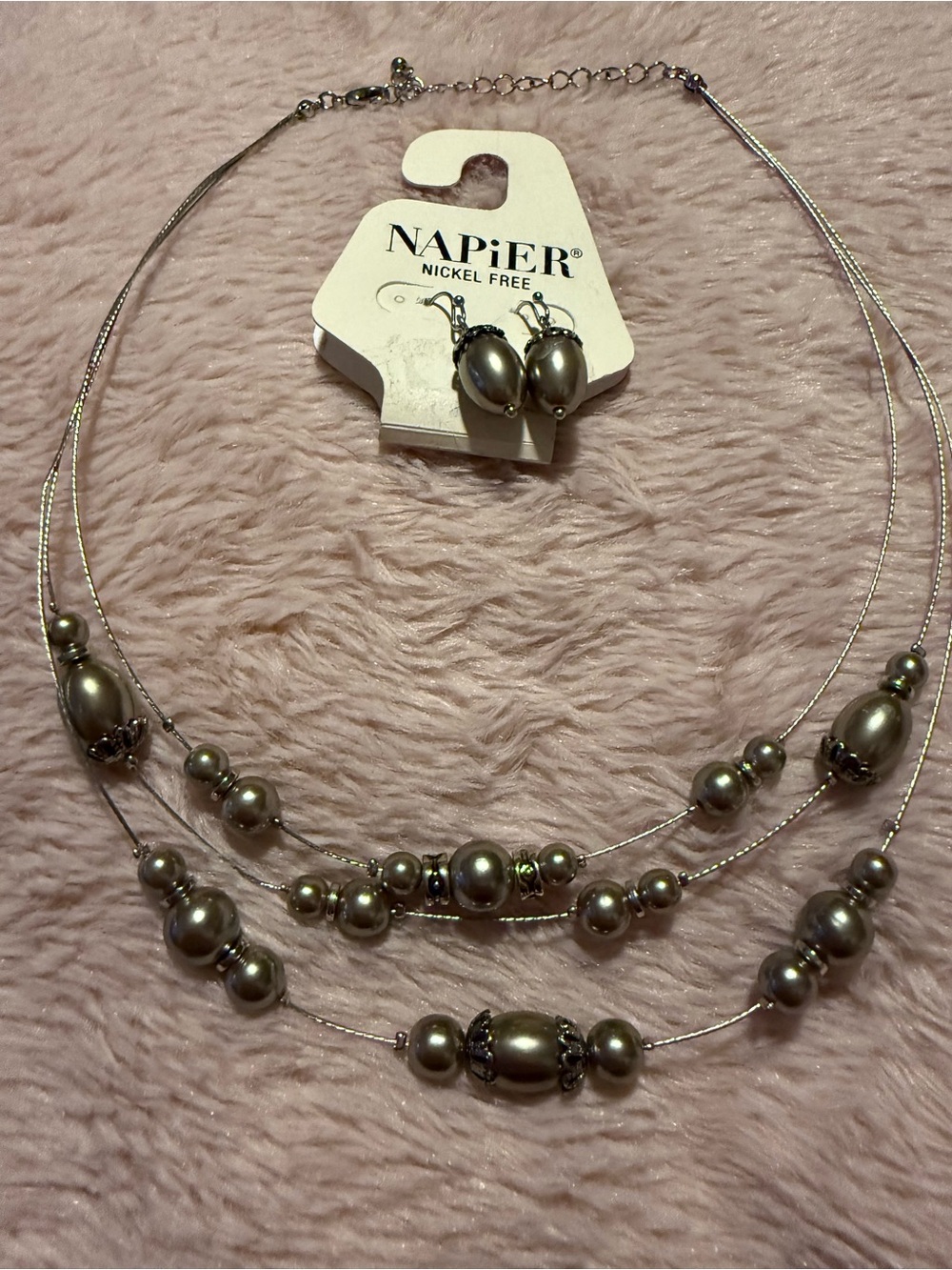 Napier Silver-Tone Pewter Pearl Drop Earrings and necklace
